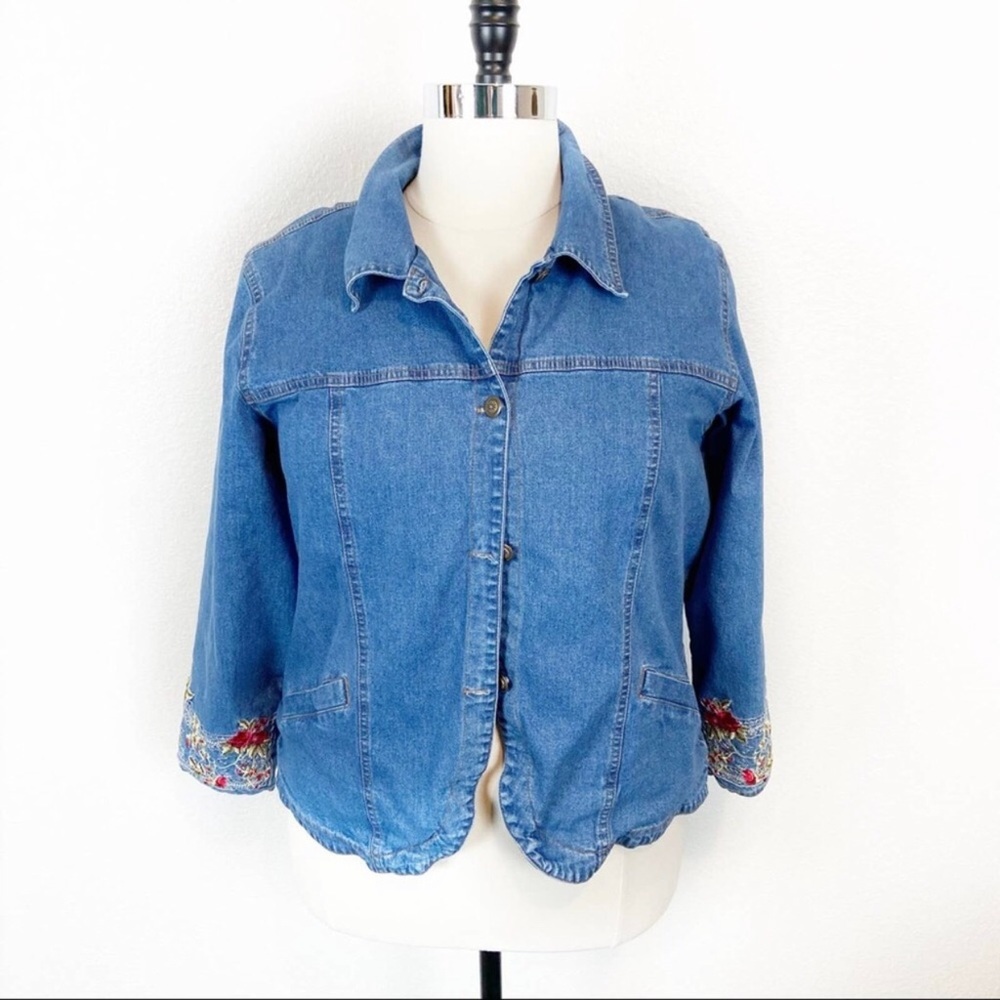 Denim & Co Floral Embroidered Sleeve Denim Jacket